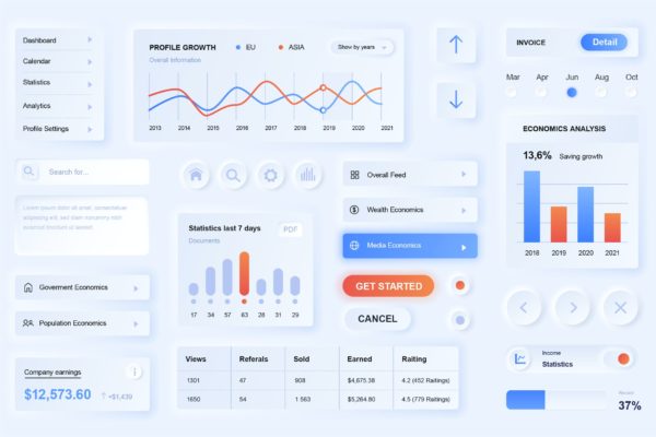 新拟物化风格数据分析App设计元素移动应用程序UI套件 Neumorphic Analysis Elements Mobile App UI Kit