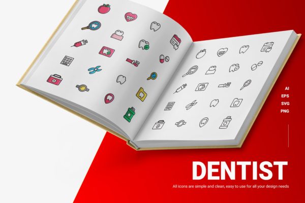 牙医主题彩色&线条图标素材 Dentist – Icons