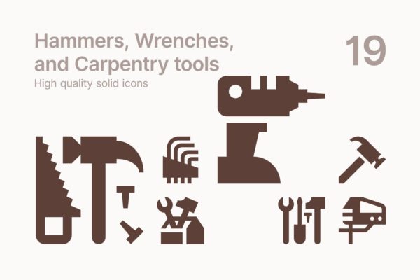 锤子/扳手/木工工具实心图标集 Hammers, Wrenches, and Carpentry tools