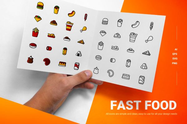 快餐彩色&线条图标矢量素材 Fast Food – Icons
