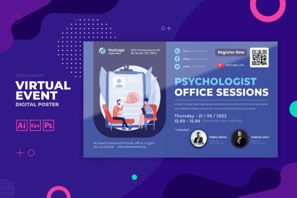 心理学活动数字海报传单设计模板 Psychology Virtual Event Digital Poster Flyer