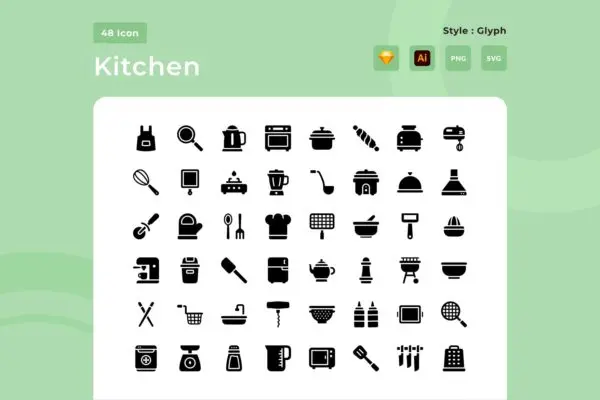 厨房用具字形图标素材包 Kitchen Glyph Style Icon Pack
