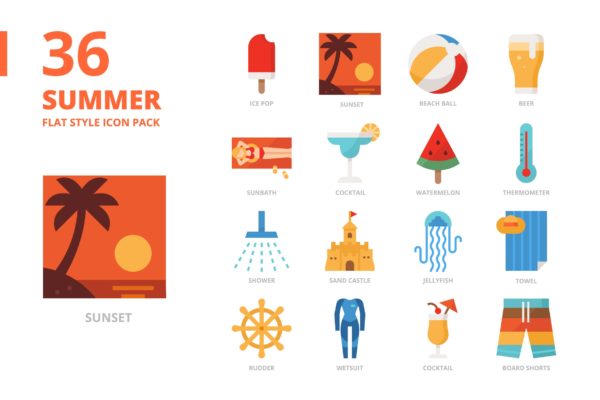 夏天主题扁平样式图标集 Summer Flat Style Icon Set