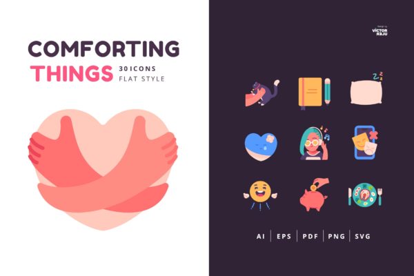 30个安慰&生活主题扁平化图标素材 30 Icons Comforting Things Flat Style