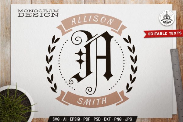 丝带小麦装饰会标Logo设计模板 Name Monogram Logo Template With Ribbon