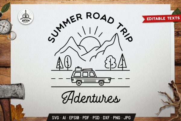 夏季公路旅行线条艺术徽章标志设计模板 Summer Line Art Logo Design Hiking Road Trip Badge