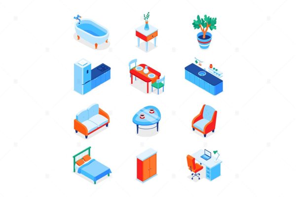 家居室内元素-现代等距图标 Home Interior Elements – Modern Isometric Icons