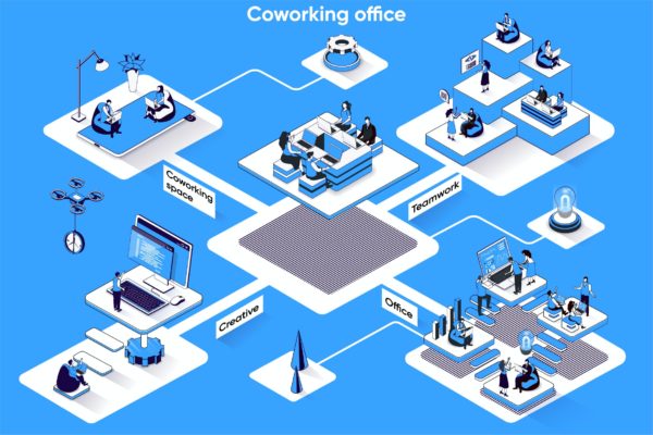 共享办公3D等距场景Web插画矢量素材 Coworking Office 3D Isometric Web Banner