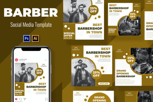 理发师社交媒体广告图设计模板 Barber Social Media Template