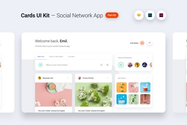 社交APP应用卡片式UI设计套件 Cards UI Kit – Social Network App Concept