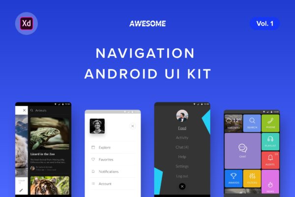 安卓平台APP应用导航设计UI模板v1[XD] Android UI Kit – Navigation Vol. 1 (Adobe XD)