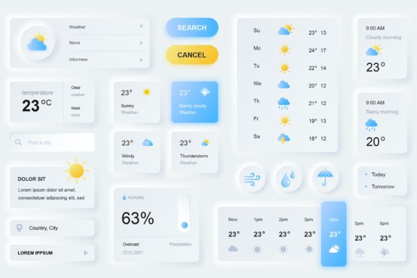 新拟物化风格天气App设计元素移动应用程序UI套件 Neumorphic Weather Elements Mobile App UI Kit