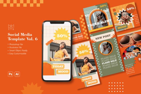 90年代时尚促销社交媒体贴图设计模板 90s Fashion Social Media Template