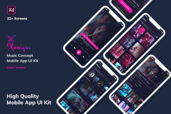 在线音乐播放听歌APP应用UI设计XD模板[夜间模式版本] Xonique-Music MobileApp UI Kit Dark Version (XD)