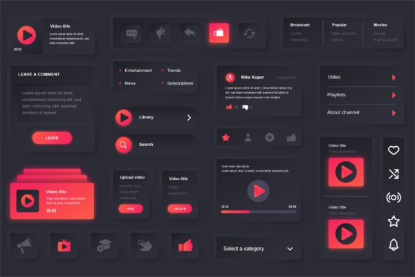 新拟物化风格社交视频App设计元素移动应用程序UI套件 Neumorphic Video Tube Elements Mobile App UI Kit
