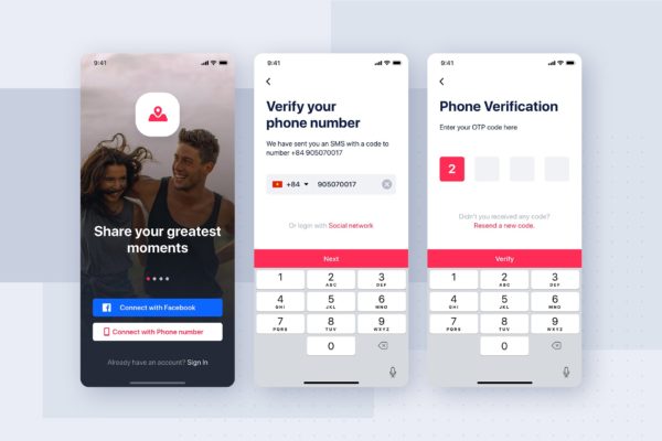 社交APP短信验证注册界面UI设计模板 Social mobile app UI template