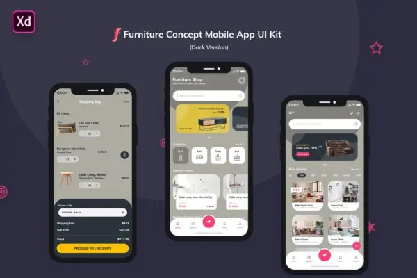 现代简约家具网上商城APP设计XD模板 Furniture App UI Kit Dark Version (Adobe XD)