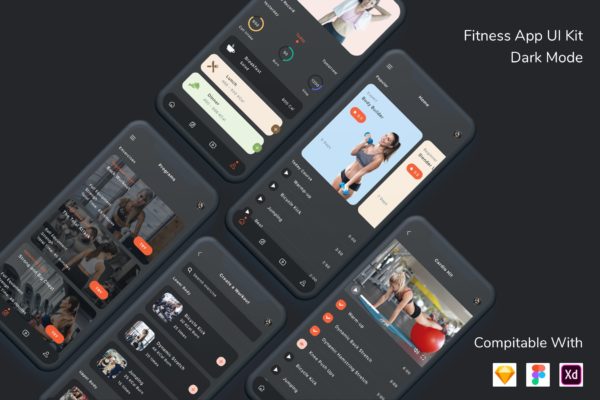 健身主题APP移动应用UI套件模板 Fitness App UI Kit Dark Mode