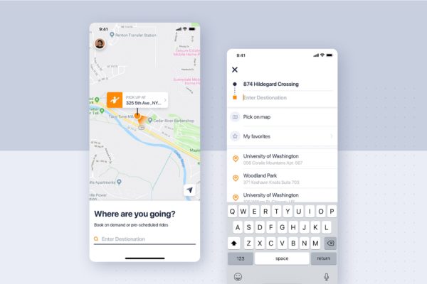 类滴滴打车APP应用预约界面设计模板 Car rental mobile UI Kit – Home booking