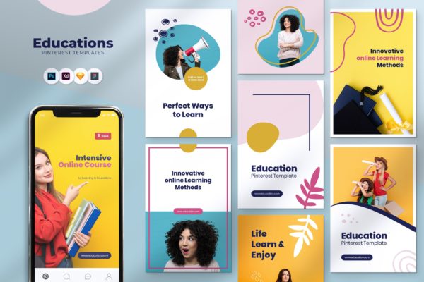 卡通风格在线教育APP界面设计UI模板 Education Pinterest Template