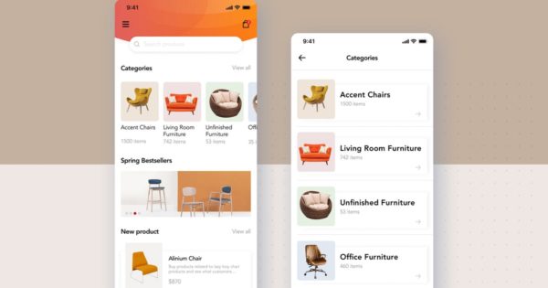 网上商城APP应用目录列表界面设计SKETCH模板 Furniture App category listing