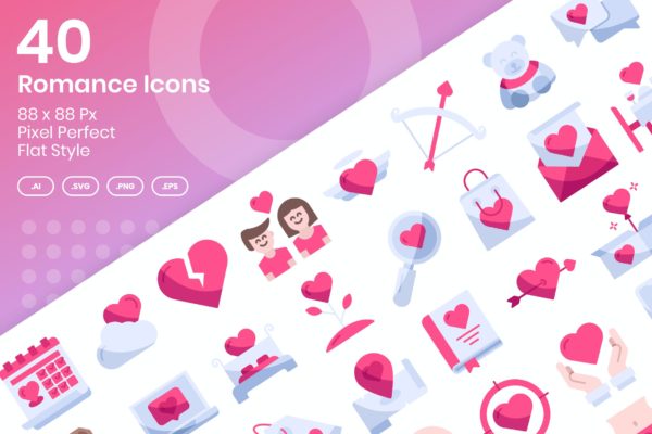 40个浪漫扁平矢量图标集 40 Romance Icons Set – Flat Style