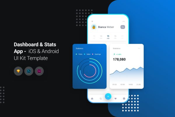iOS&Android应用数据统计仪表盘UI设计套件 Dashboard App iOS & Android UI Kit Template
