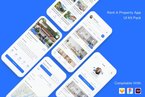 房屋租赁物业管理APP应用UI设计套件 Rent A Property App UI Kit Pack