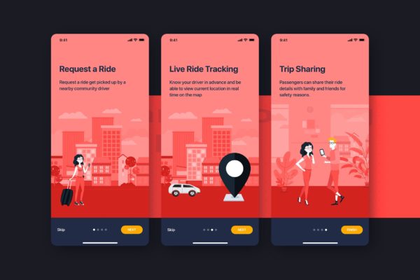 网约车APP应用UI设计之启动页设计模板 Car Booking UI mobile concept – Onboarding