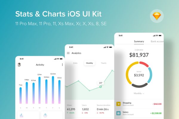 iOS平台数据统计信息图表界面UI设计套件SKETCH模板 Stats & Charts iOS UI Kit (Sketch)