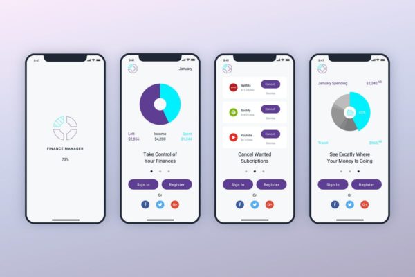 电子钱包手机APP应用启用界面UI设计方案三 Launch Screens Walkthroughs Finance Mobile UI – FP