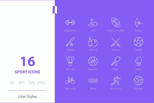 运动主题线条样式矢量图标合集 Sport Icon Set Line Styles
