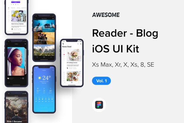 iOS平台信息流阅读APP应用设计套件v1[Figma] Awesome iOS UI Kit – Reader Blog Vol. 1 (Figma)