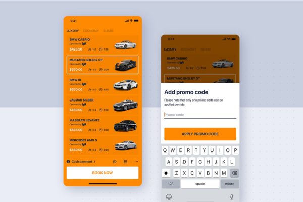 类滴滴打车APP应用优惠券添加界面设计模板 Car rental mobile UI Kit – Add promo code