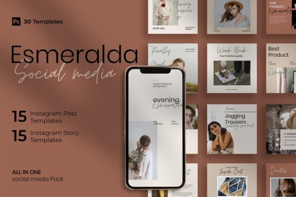 30个极简风格服装电商推广Instagram社交设计模板 Esmeralda – 30 Instagram Post & Story Template