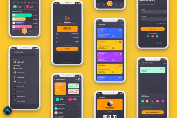 网上银行/支付工具/电子钱包APP应用UI设计套件[黑暗模式] Finance Mobile App Template UI Kit Dark Version