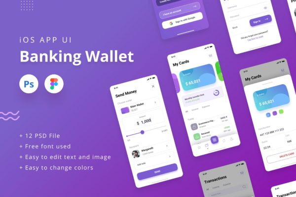 电子银行钱包APP应用UI设计套件 Banking Wallet iOS App UI PSD & Figma