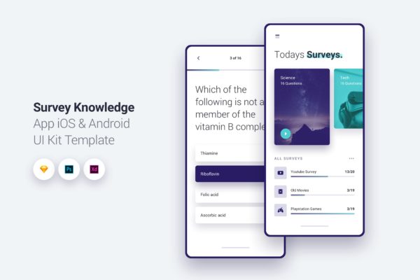 调查问卷APP应用UI设计套件 Survey App iOS & Android UI Kit Template 1