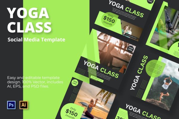 绿色主题瑜伽课程社交媒体贴图设计模板 Yoga Social Media Template