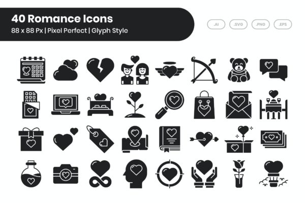 40个浪漫字体矢量图标集 40 Romance Icons Set – Glyph Style