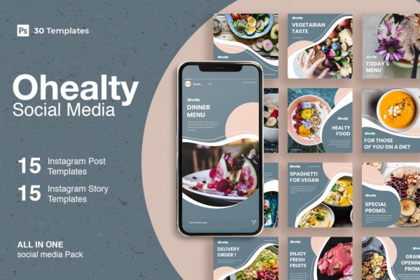 30个健康食品品牌Instagram社交设计模板 Ohealty – 30 Instagram Post & Story Template