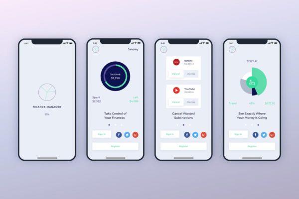 电子钱包手机APP应用启用界面UI设计方案四 Launch Screens Walkthroughs Finance Mobile UI – FP