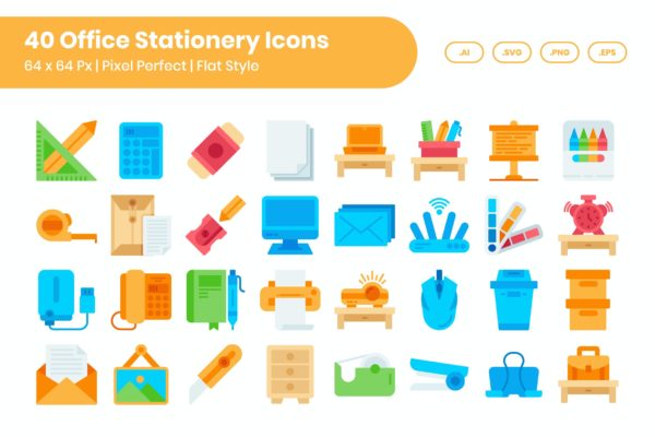40个办公文具扁平矢量图标集 40 Office Stationery Icons Set – Flat