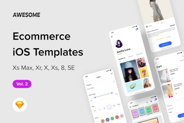 iOS手机网上商城APP应用UI设计套件SKETCH素材v2 Awesome iOS UI Kit – Ecommerce Vol. 2 (Sketch)