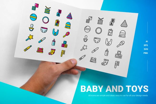 婴儿玩具彩色&线条图标矢量素材 Baby & Toys – Icons