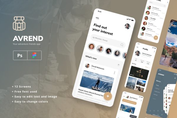 冒险旅行社交网络应用iOS UI用户界面设计Figma & PSD模板  Avrend Social Network UI Template Figma & PSD