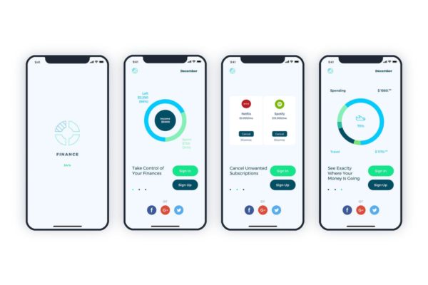 金融钱包手机APP应用UI设计套件 Launch Screens Walkthroughs Finance Mobile UI – FH