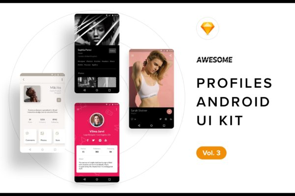 社交APP应用用户中心界面设计模板v3[SKETCH] Android UI Kit – Profiles Vol. 3 (Sketch)