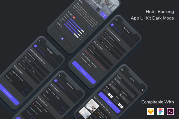 酒店预订APP手机应用UI设计模板[暗黑模式] Hotel Booking App UI Kit Dark Mode