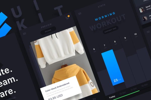 酷黑现代扁平风APP应用UI模板 Spate Ui Kit